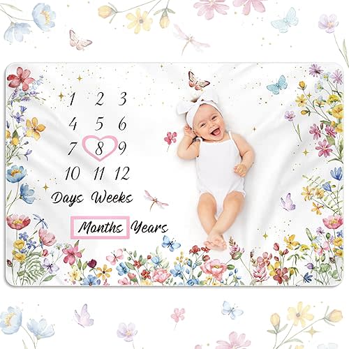 Nuanchu Baby Monthly Milestone Blanket Baby Girl Boy 60" x 40" Soft Fleece First 12 Months Growth Chart Newborn Photography Background Baby's First Year Milestone Blanket Nursery Decor(Wildflower)