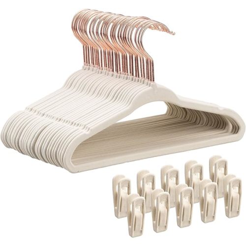 14 Inch Kids Velvet Hangers 30 Pack - Ultra Durable Non Slip Felt Hanger for big kids/Youth/Teens- Slim Space-Saving Children's Closet Hangers for Heavy Clothes with 10 Hanger Clips - Beige