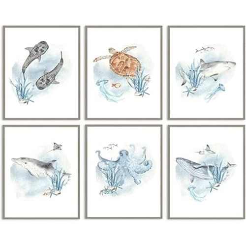 6Pcs Kids Ocean Wall Art with Whale Shark Turtle Octopus, Underwater Sea Animal Posters for Nursery Bedroom Bathroom, Blue Marine Life Decor 8x10 in Unframed