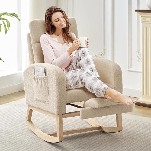 Rocking Chair Nursery, Nursing Rocking Chairs with Foot Rest for Mom Nursery, Rocker Glider Chair with High Backrest for Living Room, Bedroom, Upholstered Lounge Chair with Solid Wood Base for Relaxin