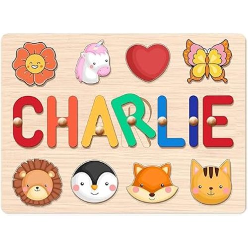 Personalized Name Puzzle for Kids, Custom Easter Basket Stuffers for Toddler Girls Boy, Early Learning Toys for Baby Boy & Girl 1 Year Old Nursery Gifts - Easter Gifts Wooden Puzzles for Toddler