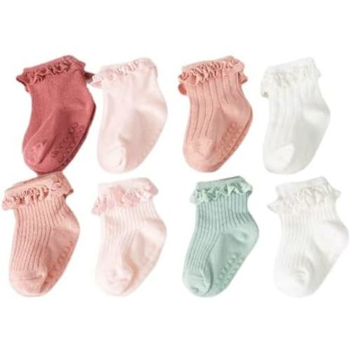 Toddler Girls Anti Slip Socks - Non Skid Frilly Ruffle Design with Grips for Baby 0-3 Years (Pack of 8)