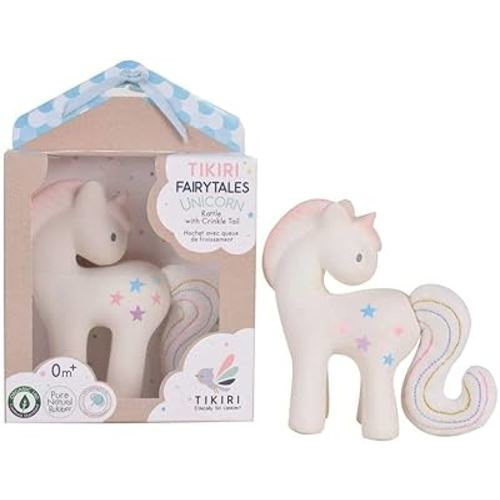 Tikiri Fairytales Cotton Candy Unicorn Natural Rubber Rattle with Crinkle Tail (White)