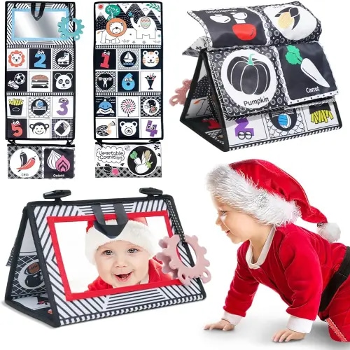 Dcsioike Tummy Time Mirror Baby Toys 0-3-6-12 Months Newborn Toy with High Contrast Black and White Montessori Sensory Book Baby Mirror Toys for Babies Boys Girls Gifts