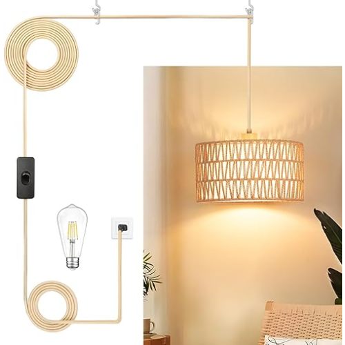 Plug in Pendant Light Rattan Hanging Lamp, Boho Hanging Lights with Paper Woven & Fabric 2 in 1 Shade, 3-Way Dimmable Bulb Included, Ceiling Light Fixture for Living Room,Bedroom,Farmhouse