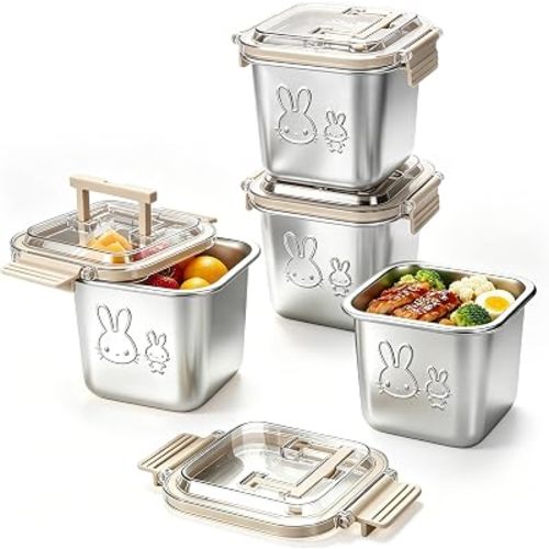 4 Pack Stainless Steel Food Containers with Handle Lids, 850ml 29oz 100% Leakproof Stackable Lunch Box Set, Reusable Metal Snack Containers with Rabbit Print, Food-grade, Dishwasher Safe