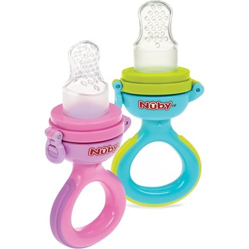 Nuby Baby’s First Food Feeder - Soft Silicone Feeding Pouch with Hygienic Cover | for First Soft Foods and Teething | 2 Pack: Pink & Aqua | Twist n' Feed | Promotes Self Feeding |10+ Months