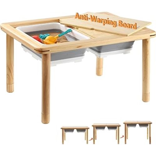 FUNLIO Wooden Sensory Table with 2 Bins for Toddlers 1-5, 3-Level Height Adjustable Kids Sensory Table with Anti-Warping Plywood Lid, Indoor/Outdoor Play Sand and Water Table, CPC Certified