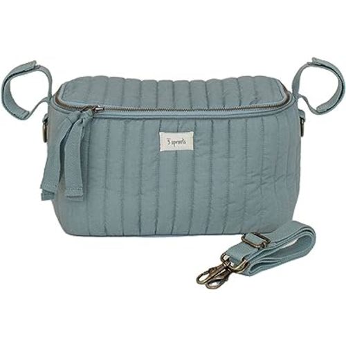 3 Sprouts Universal Quilted Stroller Organizer with Cup Holder and Zip Top - Durable Stroller Caddy Accessory with Storage - Shoulder Strap Converts Organizer to Small Diaper Bag - Green