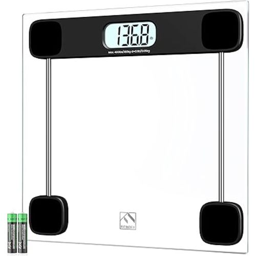 FITINDEX Bathroom Scale for Body Weight, Highly Accurate Digital Weighing Scale with Large LCD Display, Transparent and Slim Tempered Glass, 400 lbs, Black