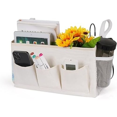 Bedside Storage Caddy/Bedside Hanging Storage Bag for Headboards Bunk Beds Dorm Rooms Book Phone Magazine Holder (New White)