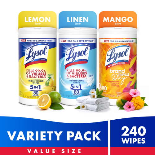 Lysol Disinfectant Wipes Bundle Assorted Multi-Surface Antibacterial Cleaning 80 Count Each Pack of 3
