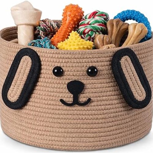 Dog Woven Basket, 11.8" D x 6.7" H Cotton Rope Toy Storage Organizer, Dog Mom Gift Empty, Cute Laundry Puppy Gift Animal Basket for Clothes, Towels, Toy, Laundry, Bathroom, Home(Khaki, Black)