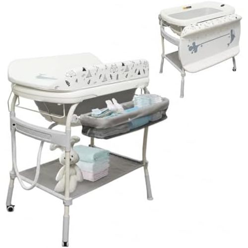 2 in 1 Baby Bathtub with Changing Table, DEYGIA Waterproof Diaper Changing Station Portable Changing Table Adjustable Height Nursery Organizer with Storage Racks for Newborn Infant Toddler
