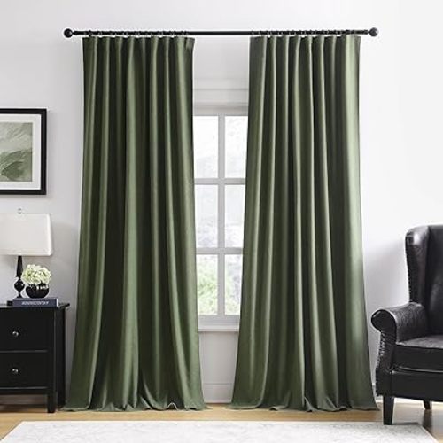 RAIN CITY 102 Inch Long Linen Blended Blackout Curtains 2 Panels, Back Tab Pleated Look Drapes for Track System with Hooks, Noise Reducing Country Blackout Winodw Curtains 50x102-Loden/Olive Green