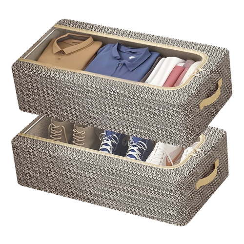 Glowvia 2-Pack Underbed Storage Organizers, Breathable & Anti-Mildew Non-Woven Fabric with Steel Frame & 2 Handles, Foldable & Stackable , Clear Window for Shoes/Clothes/Toys/Blankets