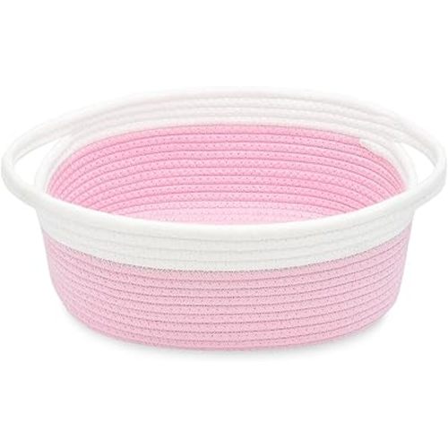 ABenkle Small Basket, 12"x 8" x 5" Cute Small Woven Basket, Rope Room Shelf Storage Basket, Cat Dog Toys Basket Chest Box, Decorative Empty Gift Basket with Handles - Pink