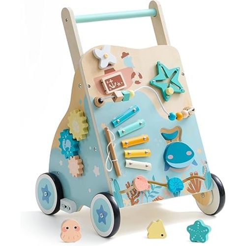 ROBUD Wooden Baby Walker, Montessori Walker Toy, Baby Push Walker with Brake, Activity Center, Adjustable Height Handle, Push Toys for Boys and Girls Learning to Stand and Walk, Ages 10m+
