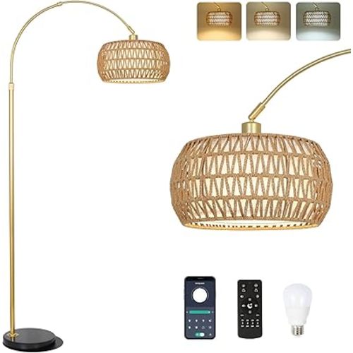 Gold Floor Lamps for Living Room, Arc Floor Lamp with Remote & Dimmable Bulb, Boho Rattan Standing lamp with 3 Color Temperatures, Height Adjustable Tall Lamp for Bedroom, Over Couch Reading Lamp