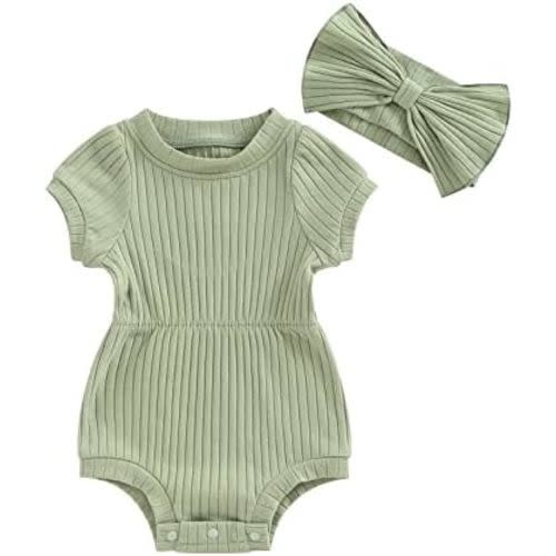 Baby Girl Summer Clothes Ribbed Short Sleeve Romper Solid Color Bodysuits Bow Headband Outfit Newborn Girl Jumpsuit