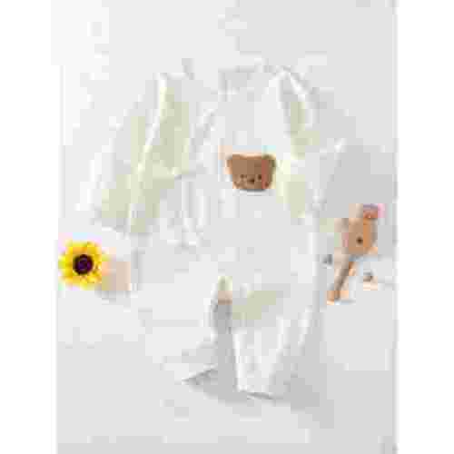 Somenie Newborn Baby Cotton Onesie, Cute Bear Patched Casual Long Sleeve Bodysuit, Toddler & Infant Girl's Comfortable Clothing(White)