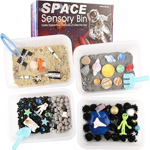 Space Themed Sensory Bin Filler,Planet Toys for Kids, Universe Solar System for Autistic Children, Space Astronauts Sensory Toys for Toddlers with 9 Planets, Sand, 3 Tools and More