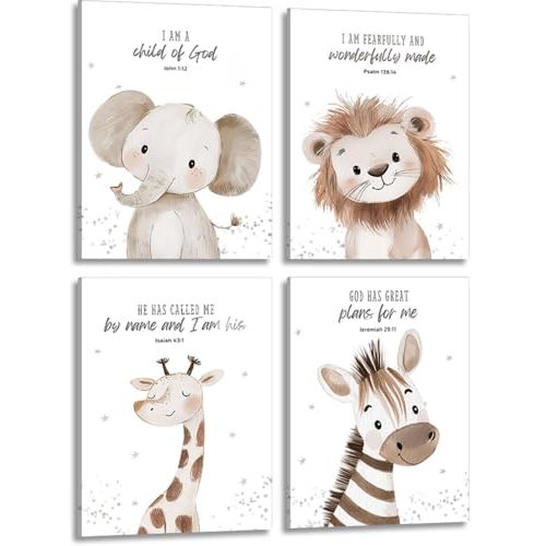 4Pcs Nursery Bible Verse Animal Canvas Wall Art Funny Cute Safari Animals Christian Painting Picture Wall Decor Lions Elephant Giraffe Zebra Poster Print Artwork for Boys and Girls Home Decoration