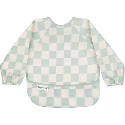 Tiny Twinkle Mess Proof Baby Bib,Waterproof Smock Baby Bib for Eating,Machine Washable Long Sleeve Bib,Baby Led Weaning,Toddler Bib,BLW Supplies(Checkers Sage, Small 6-24 Months)
