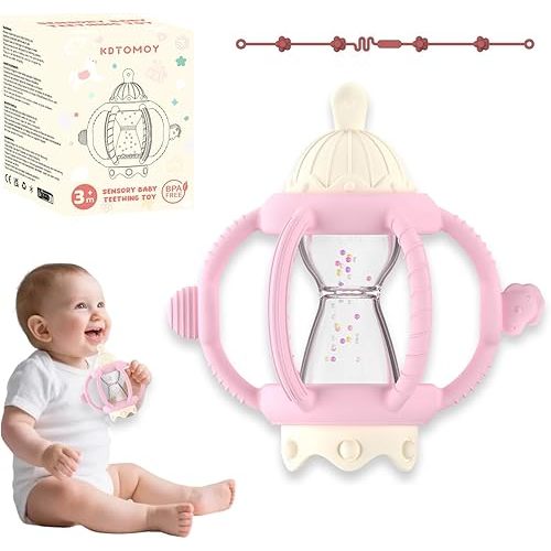 Teething Toy Rattles for Babies 0-6 Months, Easy Grip Silicone Pacifier Teether 6-12 months, Baby Girl Teething relief Toys 6-18 Months, Infant & Toddler Molar Essentials, Baby Boy Gifts (Pink)