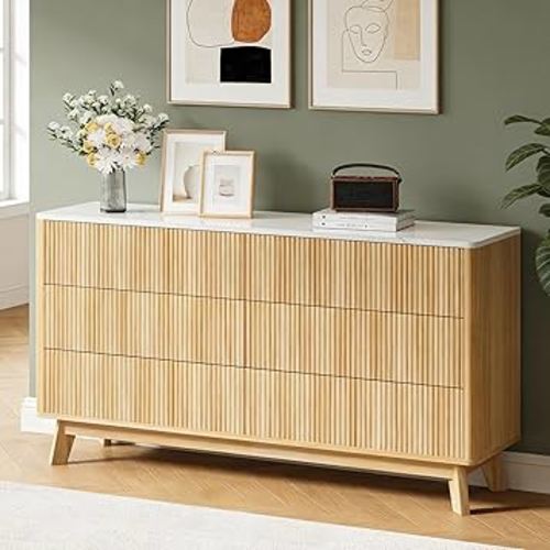 Fluted 6 Drawers Dresser for Bedroom,52" Wide Handleless Chest of Drawers with Faux Marble Top, Wooden Dresser TV Stand, Wood Drawer Organizer for Living Room, Hallway, Natural Oak