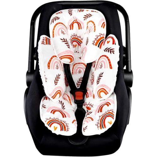Pea Pod Baby Car Seat Head Support for Newborn, 2 in 1 Infant Car Seat Head Support for Boys Girls Extra Soft Breathable Baby Car Seat Cushion Insert for Strollers, Swings, and Bouncers, Boho Rainbow