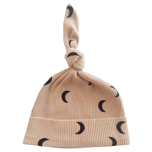 Organic Waffle Knot Beanie, Tan/Black Moon