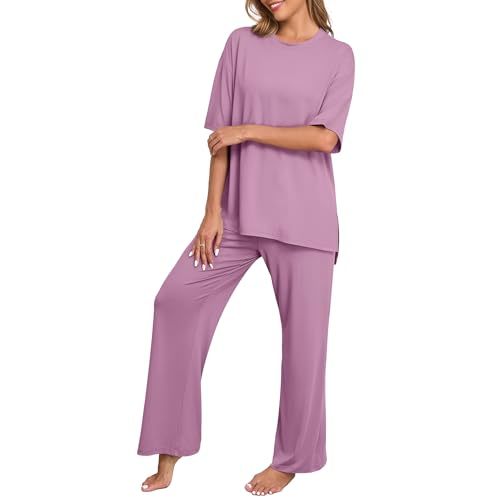 PrinStory Pajamas for Women Soft Pjs Lounge Set S-4XL | Short Sleeve Tops and Long Pants, 2 Piece Stretchy Pjs Set with Pockets for Sleep, Home, Travel, Vacation, Maternity, Nursing