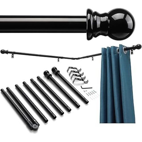 Elegant Black Bay Corner Curtain Rod L-Shaped, 1 Inch Dia, 32-96-148 Inch Length for Bedroom, Living Room Stylish End Cap, Perfect Easy Drilling Installation Modern Curtain Rods for Windows