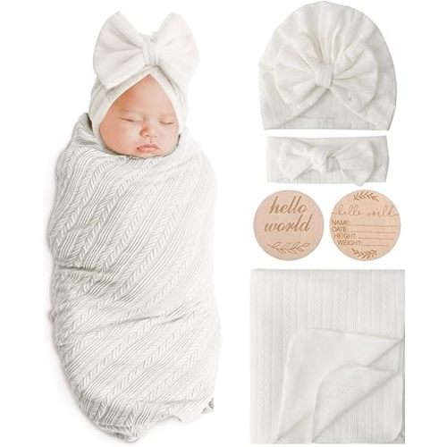 Newborn Receiving Blanket Wheat-Pattern Baby Girl Swaddles Wraps with Bow Hat Headband Wooden Card for Newborns Toddler Gift Baby Essentials