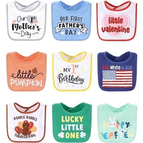The Peanutshell Holiday Bibs Set, Terry Cloth 9 Pack for Feeding, Teething or Drooling, Baby’s First Year