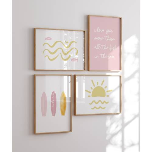 Surf Nursery Decor Set of 4 Prints, Girl Boho Beach Nursery, Boho Girls Room Decor, Surfer Kids Room, Playroom Wall Art, Little Beach Babe