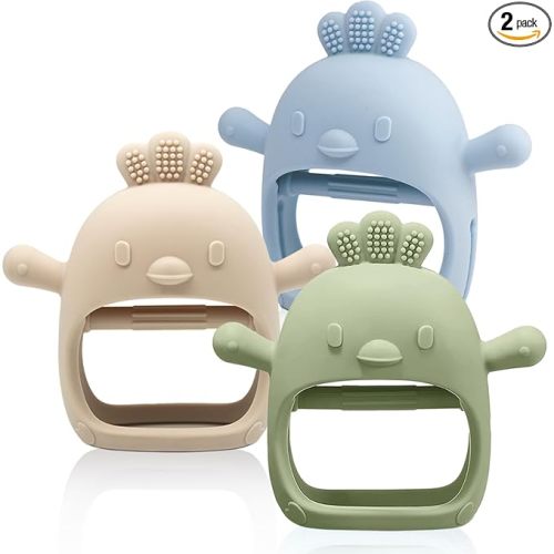 3 Pack Baby Teething Toy Silicone Teething Mitten for Babies Over 3 Months Anti Dropping Wrist Hand Teethers Baby Chew Toys for Sucking Needs, BPA Free (Olive, Caramel & Blue)