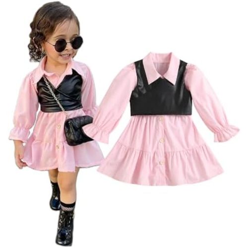 2PCS Infant Baby Girl Outfit Lapel Long Sleeve Button Down Shirt Dress + PU Crop Tops Waistcoat