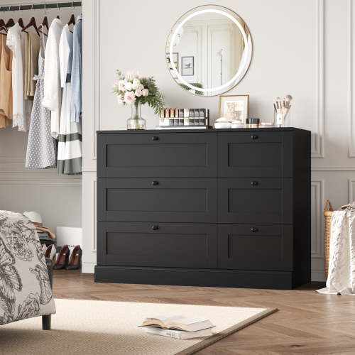 Homfa 6 Drawer Double Dresser, Wood Storage Cabinet Chest of Drawers, Dresser for Bedroom, Black