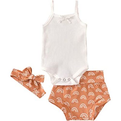 Easisim 3pcs Newborn Baby Girls Shorts Set Cotton Sleeveless Romper Jumpsuit Bodysuit +Pants Shorts+Headband Outfit Set