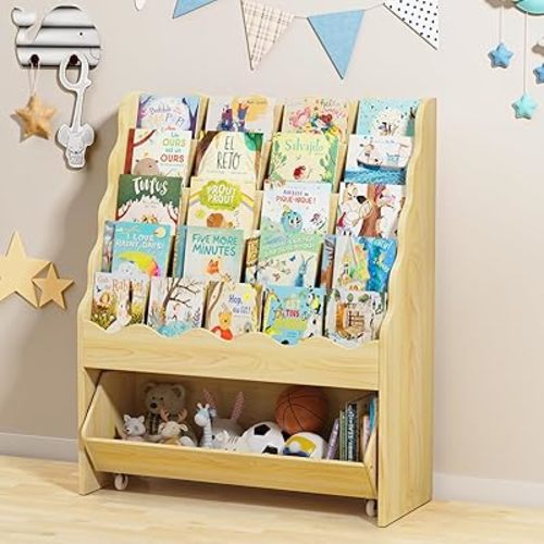 5-Tier Wooden Book Shelves, Kids Bookshelf and Toy Organizer, Toy Storage Drawer with Wheels for Boys and Girls, Toddler Book Shelf for Kids Rooms, Playroom, Classroom, Nursery(Natural Wood)
