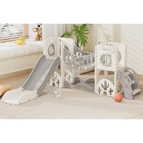 Toddler Playground Playset with Climbing Arch, Golf Set, Slide & Basketball Hoop - Outdoor Toys, Safe & Durable Plastic Garden Equipment​ (White Gray, Without Swing)