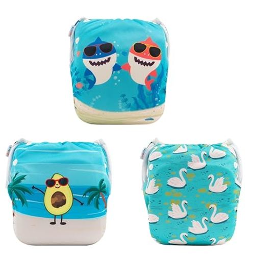 ALVABABY Swim Diapers 2pcs Baby & Toddler Snap One Size Reusable Adjustable Baby Shower Gifts Baby Boy 3SWY36 - Shark Brother$swan$avocado - Small (Pack of 3)