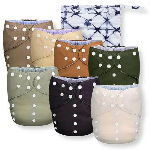 Nora's Nursery Large Pocket Cloth Diaper 7 Pack for Toddlers 35 to 55lbs with 1 Wet Bag - Waterproof Cover, Washable, Reusable & One Size Adjustable - Down to Earth