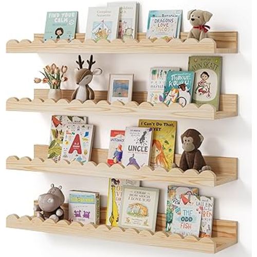 Shario Nursery Book Shelves, 4-Pack Wood Floating Shelves for Wall Kids, Scalloped Shelves, Wall Book Shelves for Bedroom Kids, Toddler Room, Baby Room, Nursery Decor (Wood, 23 Inches)
