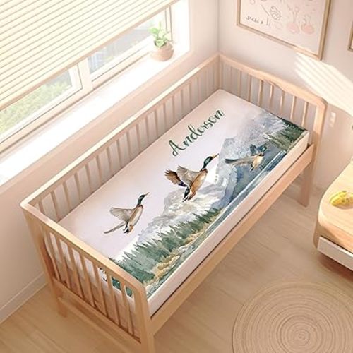 Personalized Baby Fitted Crib Sheets with Name, Custom Name Baby Crib Mattress Sheet for Boys Girls, Mallard Baby Bedding Sets, Nursery Soft Infant Newborn Fits Standard Mattress Toddler Bed