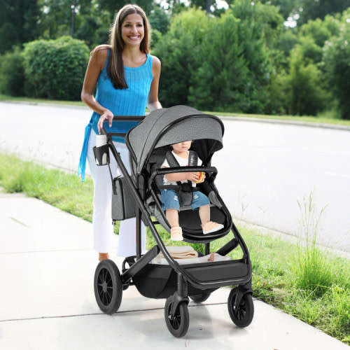 3-in-1 Folding Convertible Newborn Stroller with Detachable Bassinet - Gray