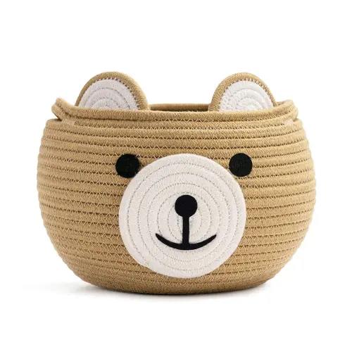 CherryNow Cotton Rope Baby Basket for Nursery, Bear Gift Baskets for Kids, Empty Baby Shower Basket with Handles, Small Cute Animal Baskets, Brown, 10.5"D x 8.5"H