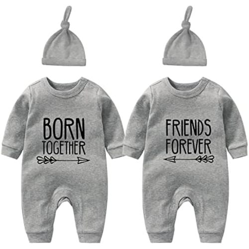 YSCULBUTOL Baby Twins Bodysuit with hat Born Together Friend Forever Baby boy Clothes Toddler Girl Clothes